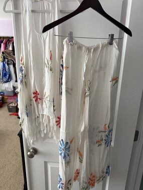 White Floral Two-Piece Set with Blue & Orange Blooms
